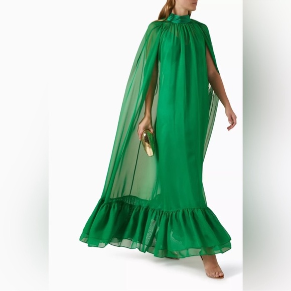 NEW ALICE + OLIVIA Lanelle Maxi Cape Dress in emerald green Chiffon Sz M - Picture 2 of 9